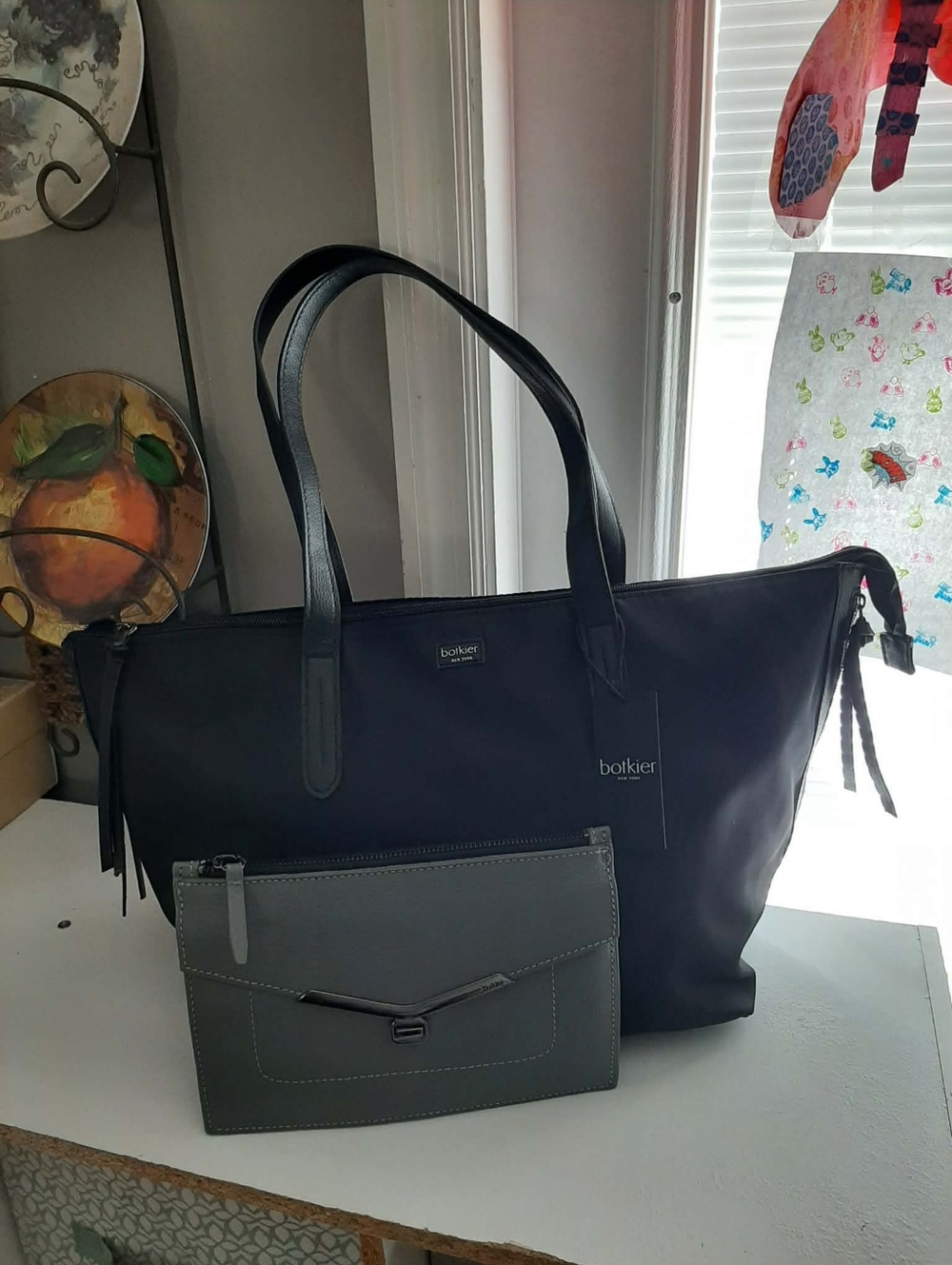 BOTKIER Black "Bond" Tote w/ Gray Leather "Valentina" Wristlet 2 Pc Set
